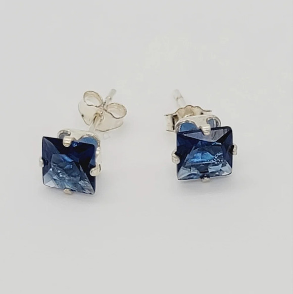 New Dark Blue Square CZ Earrings - Picture 5 of 6